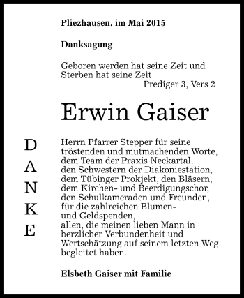 Anzeige von Erwin Gaiser von Reutlinger Generalanzeiger