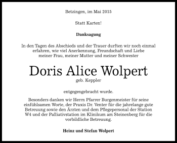 Anzeige von Doris Alice Wolpert von Reutlinger Generalanzeiger