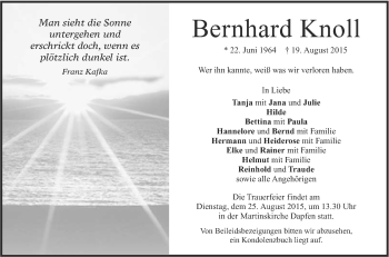 Anzeige von Bernhard Knoll von Reutlinger Generalanzeiger