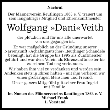 Anzeige von Wolfgang Veith von Reutlinger Generalanzeiger