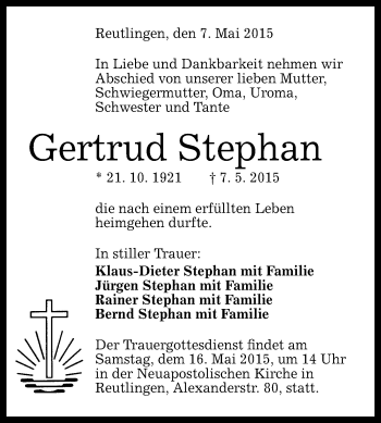 Anzeige von Gertrud Stephan von Reutlinger Generalanzeiger