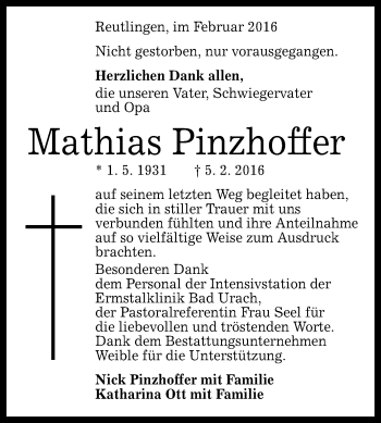 Anzeige von Mathias Pinzhoffer von Reutlinger Generalanzeiger