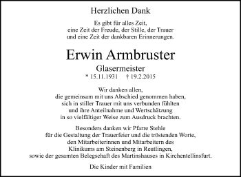 Anzeige von Erwin Armbruster von Reutlinger Generalanzeiger