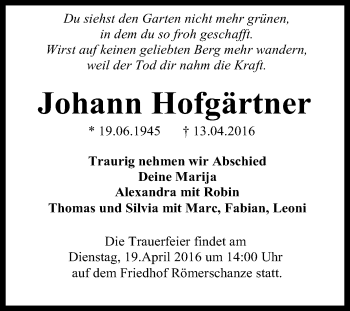 Anzeige von Johann Hofgärtner von Reutlinger Generalanzeiger