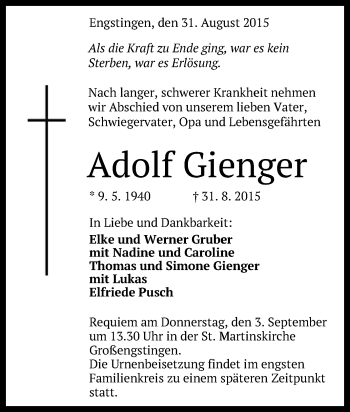 Anzeige von Adolf Gienger von Reutlinger Generalanzeiger