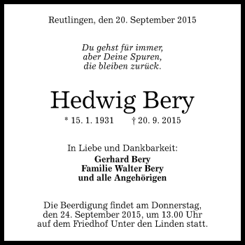 Anzeige von Hedwig Bery von Reutlinger Generalanzeiger