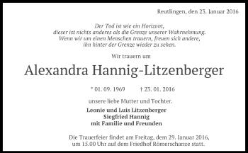 Anzeige von Alexandra Hannig-Litzenberger von Reutlinger Generalanzeiger