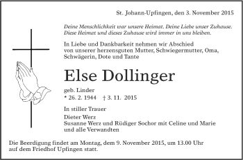 Anzeige von Else Dollinger von Reutlinger Generalanzeiger