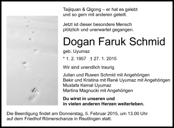 Anzeige von Dogan Faruk Schmid von Reutlinger Generalanzeiger