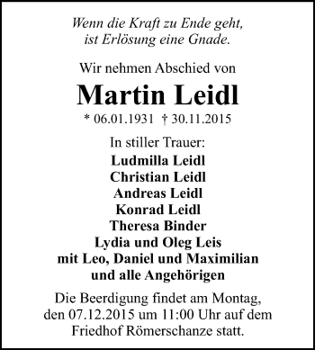 Anzeige von Martin Leidl von Reutlinger Generalanzeiger