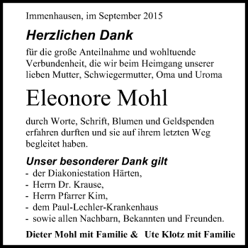 Anzeige von Eleonore Mohl von Reutlinger Generalanzeiger