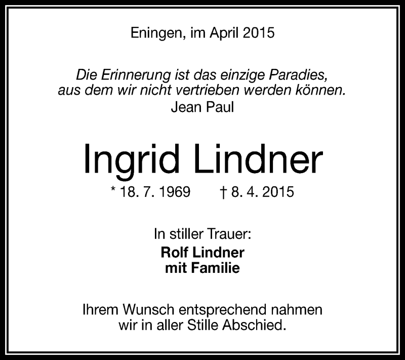  Traueranzeige für Ingrid Lindner vom 16.05.2015 aus Reutlinger Generalanzeiger