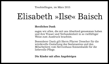 Anzeige von Elisabeth  Baisch von Reutlinger Generalanzeiger