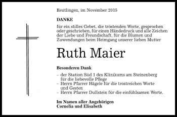Anzeige von Ruth Maier von Reutlinger Generalanzeiger