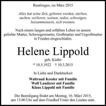 Anzeige von Helene Lippold von Reutlinger Generalanzeiger