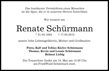 Anzeige von Renate Schürmann von Reutlinger Generalanzeiger