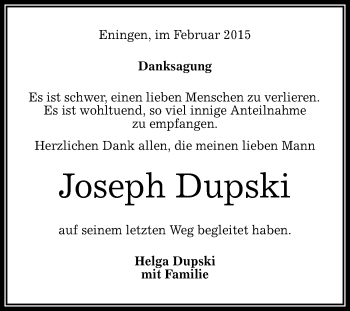 Anzeige von Joseph Dupski von Reutlinger Generalanzeiger