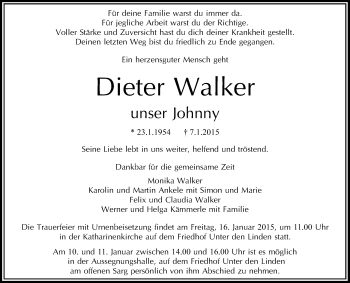 Anzeige von Dieter Walker von Reutlinger Generalanzeiger