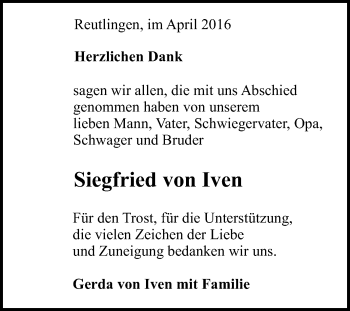 Anzeige von Siegfried von Iven von Reutlinger Generalanzeiger