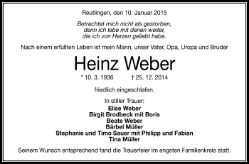 Anzeige von Heinz Weber von Reutlinger Generalanzeiger