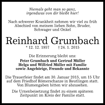 Anzeige von Reinhard Grumbach von Reutlinger Generalanzeiger