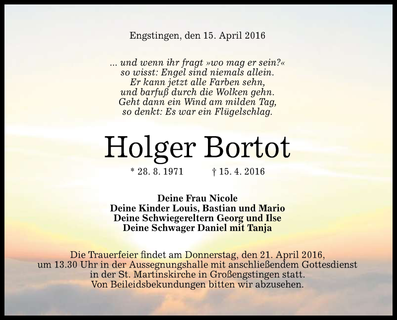  Traueranzeige für Holger Bortot vom 20.04.2016 aus Reutlinger Generalanzeiger