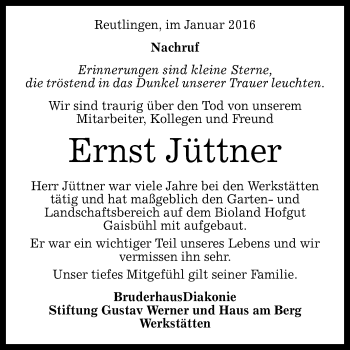 Anzeige von Ernst Jüttner von Reutlinger Generalanzeiger