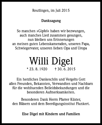 Anzeige von Willi Digel von Reutlinger Generalanzeiger