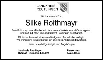 Anzeige von Silke Roithmayr von Reutlinger Generalanzeiger
