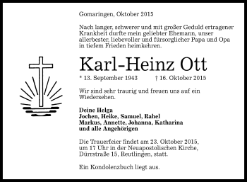 Anzeige von Karl-Heinz Ott von Reutlinger Generalanzeiger