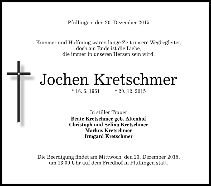  Traueranzeige für Jochen Kretschmer vom 21.12.2015 aus Reutlinger Generalanzeiger