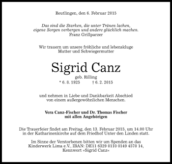 Anzeige von Sigrid Canz von Reutlinger Generalanzeiger