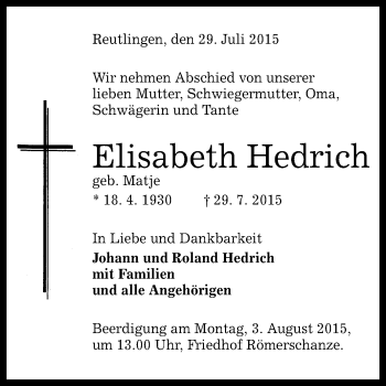 Anzeige von Elisabeth Hedrich von Reutlinger Generalanzeiger