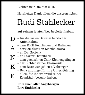 Anzeige von Rudi Stahlecker von Reutlinger Generalanzeiger