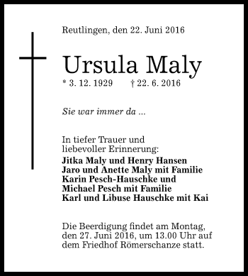 Anzeige von Ursula Maly von Reutlinger Generalanzeiger