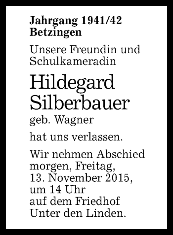 Anzeige von Hildegard Silberbauer von Reutlinger Generalanzeiger