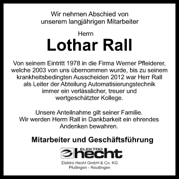 Anzeige von Lothar Rall von Reutlinger Generalanzeiger