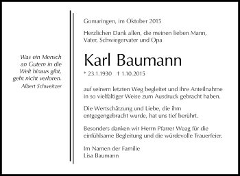 Anzeige von Karl Baumann von Reutlinger Generalanzeiger