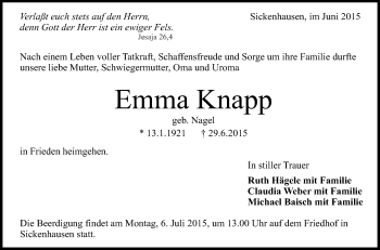 Anzeige von Emma Knapp von Reutlinger Generalanzeiger