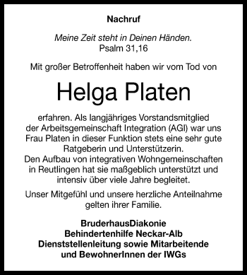 Anzeige von Helga Platen von Reutlinger Generalanzeiger