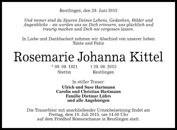 Anzeige von Rosemarie Johanna Kittel von Reutlinger Generalanzeiger