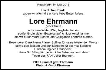 Anzeige von Lore Ehrmann von Reutlinger Generalanzeiger