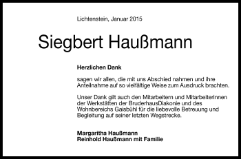 Anzeige von Siegbert Haußmann von Reutlinger Generalanzeiger