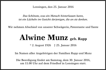 Anzeige von Alwine Munz von Reutlinger Generalanzeiger