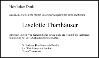 Anzeige von Liselotte Thanhäuser von Reutlinger Generalanzeiger