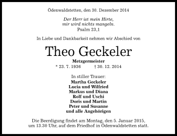 Anzeige von Theo Geckeler von Reutlinger Generalanzeiger