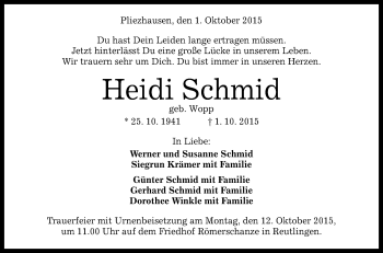 Anzeige von Heidi Schmid von Reutlinger Generalanzeiger