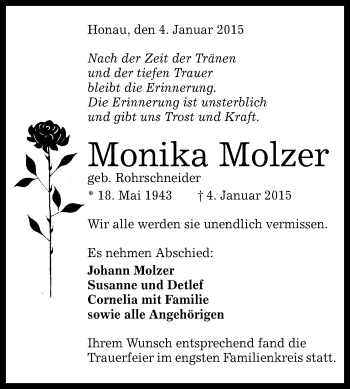 Anzeige von Monika Molzer von Reutlinger Generalanzeiger