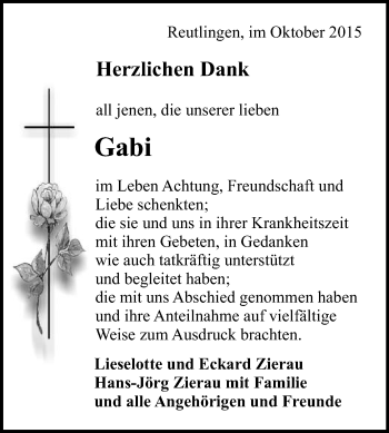 Anzeige von Gabi  von Reutlinger Generalanzeiger