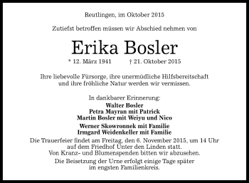 Anzeige von Erika Bosler von Reutlinger Generalanzeiger